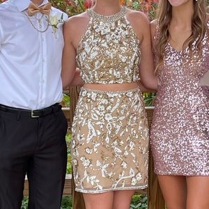 Sherri Hill 54408 nude/gold/ivory two-piece homecoming dress